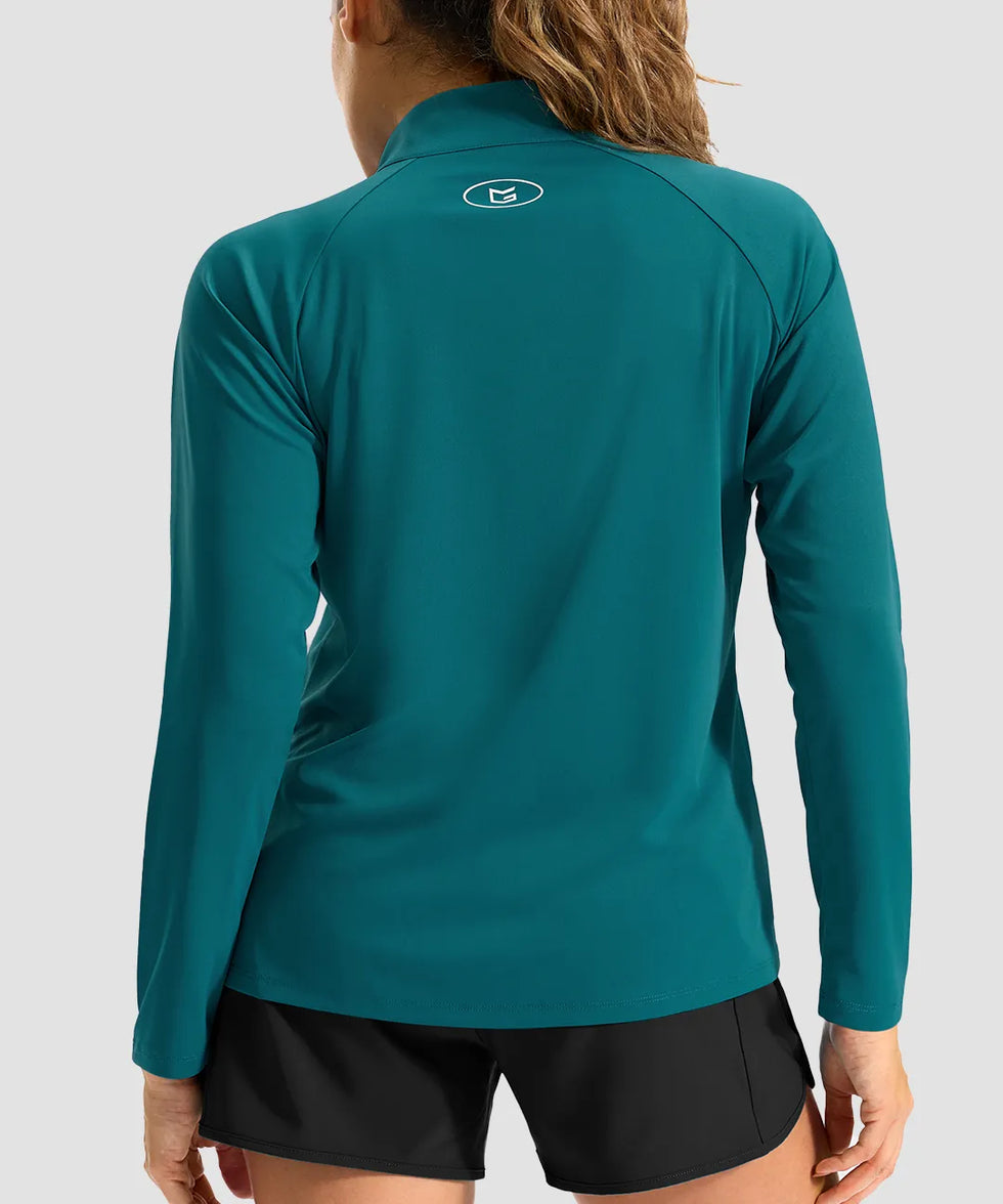 women's quarter zip sun protective pullover in lake green - back view