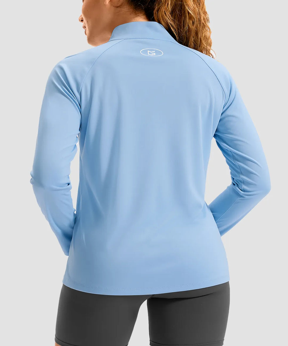 women's quarter zip sun protective pullover in light blue - back view