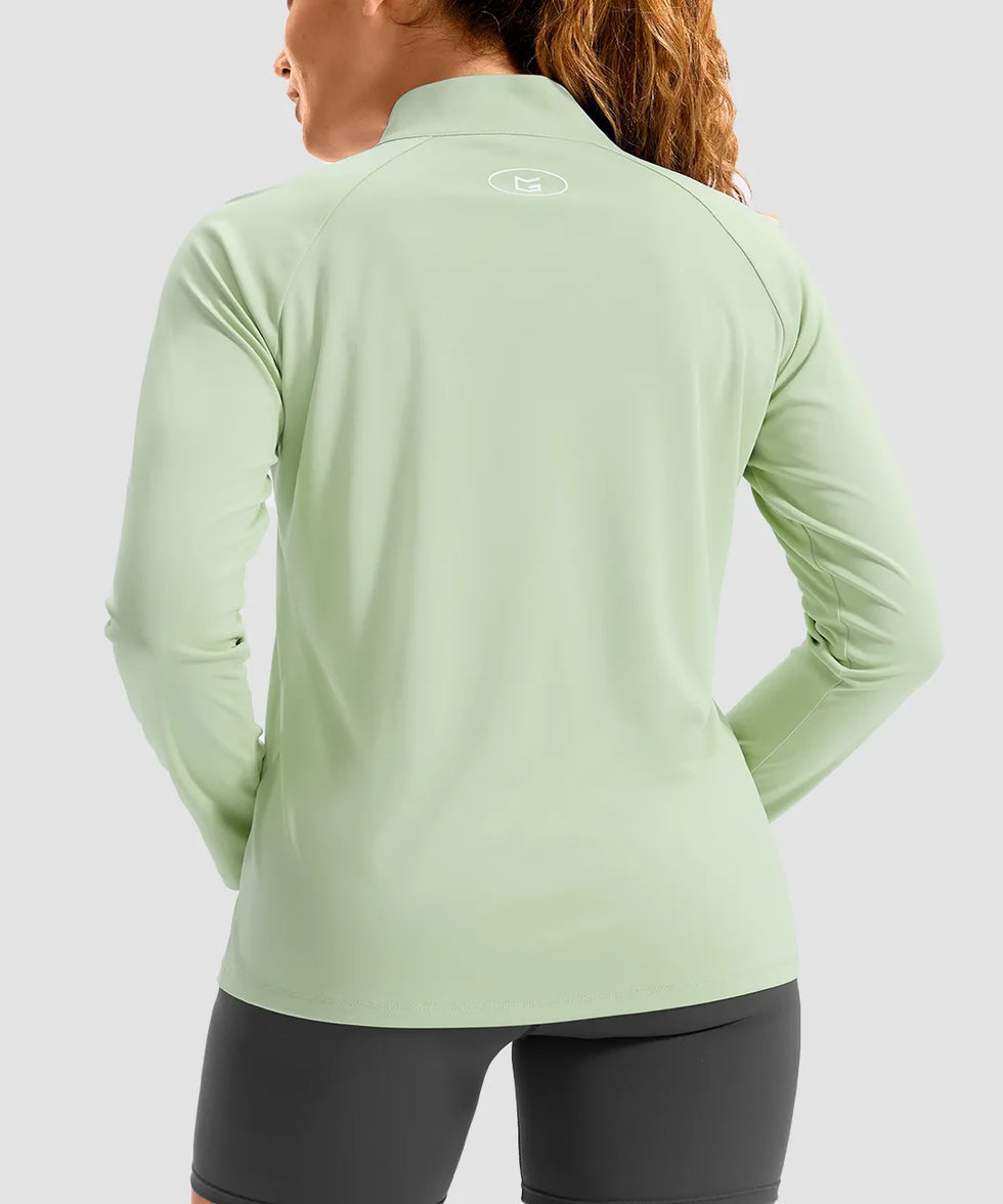 women's quarter zip sun protective pullover in mint green - back view