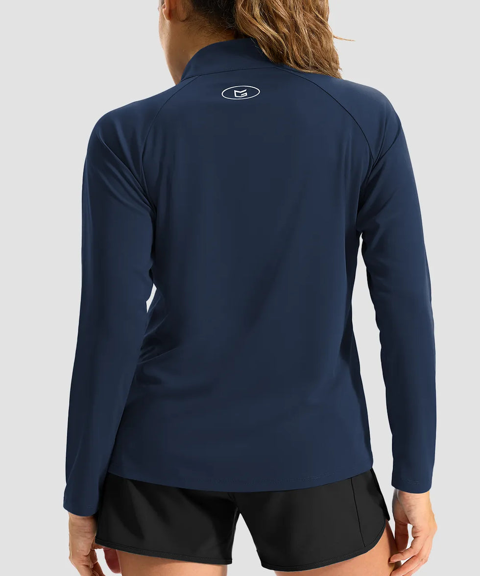 women's quarter zip sun protective pullover in navy - back view