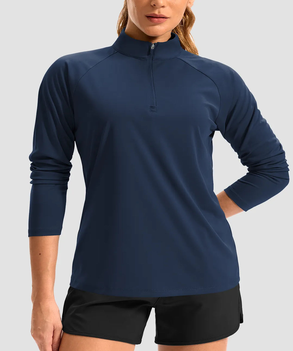 women's quarter zip sun protective pullover in navy - collar detail