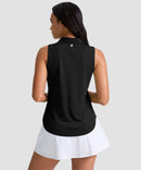 women's sleeveless zip up polo shirts in black - back view