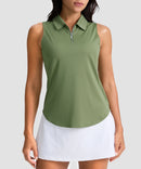 women's sleeveless zip up polo shirts in bronze green - front view