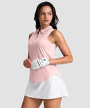 women's sleeveless zip up polo shirts in light pink - side view
