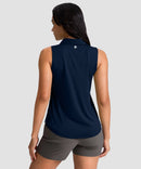 women's sleeveless zip up polo shirts in navy - back view