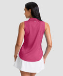women's sleeveless zip up polo shirts in rose red - back view