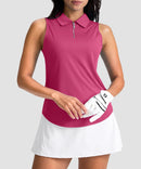 women's sleeveless zip up polo shirts in rose red - front view