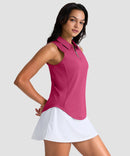 women's sleeveless zip up polo shirts in rose red - side view