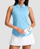 women's sleeveless zip up polo shirts in sky blue - front view