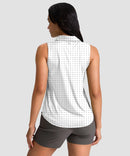 women's sleeveless zip up polo shirts in white dot - back view