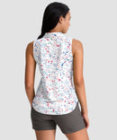 women's sleeveless zip up polo shirts in white ink jet - back view