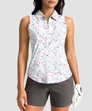 women's sleeveless zip up polo shirts in white ink jet - front view