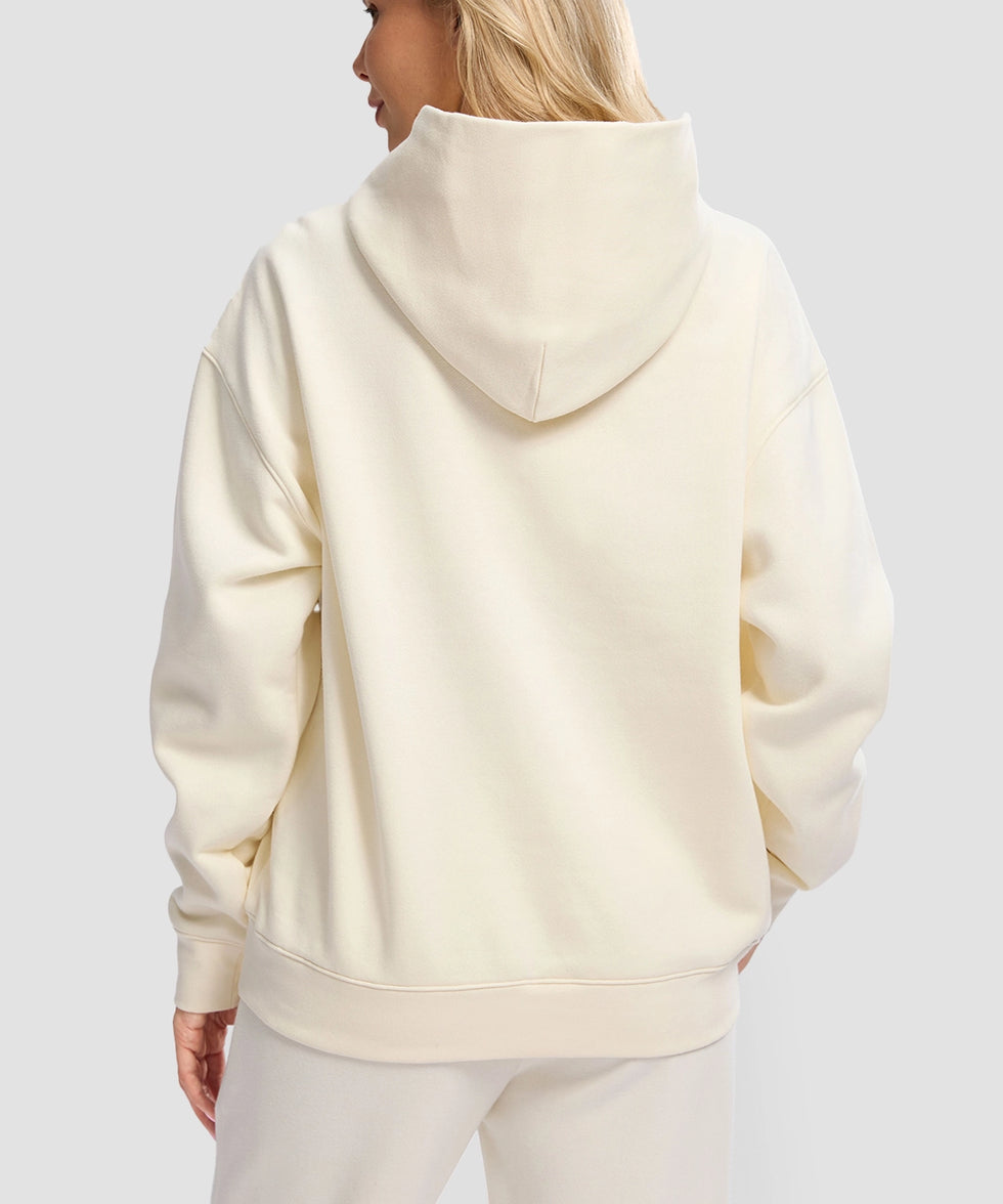 women's solid color oversized fleece hoodie in beige - back view