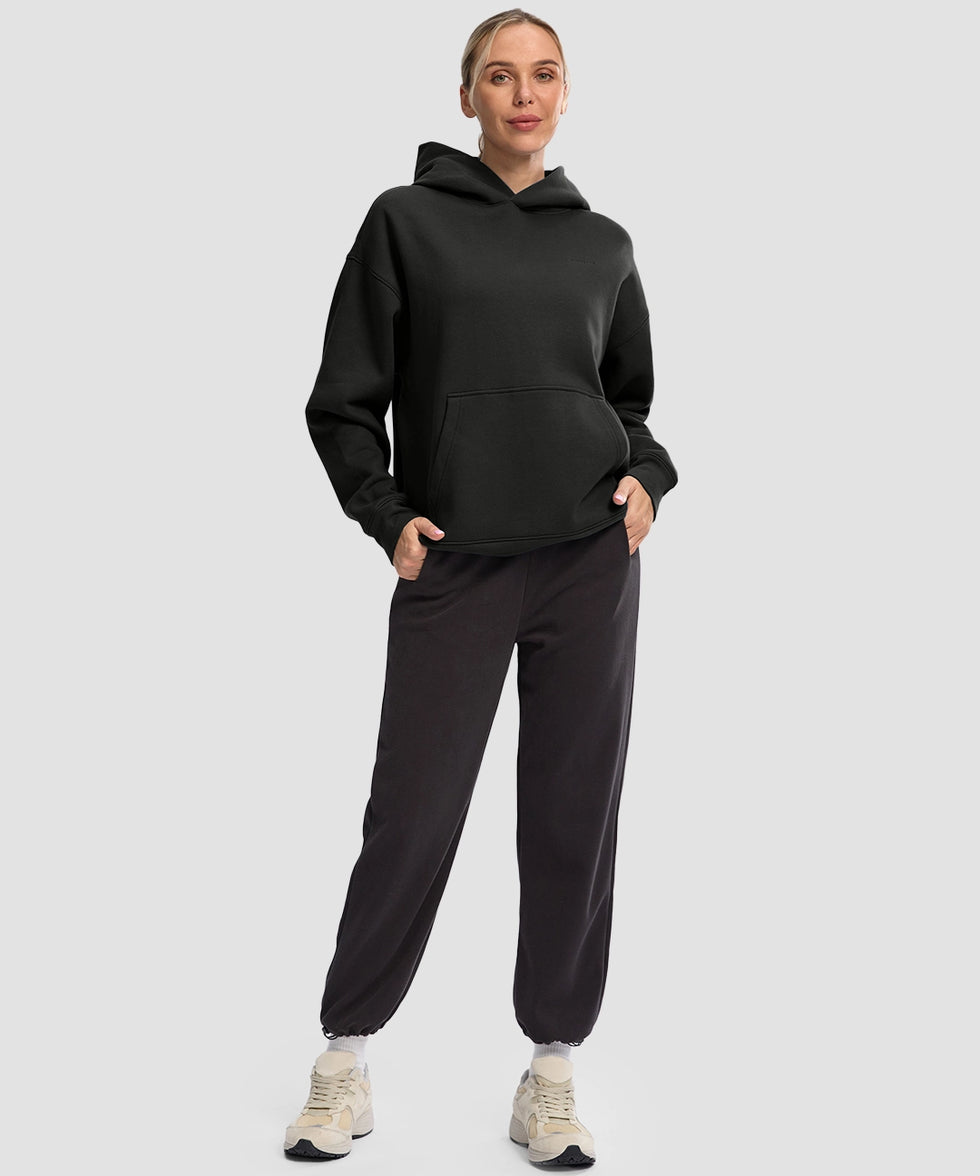 women's solid color oversized fleece hoodie in black - matching outfits view