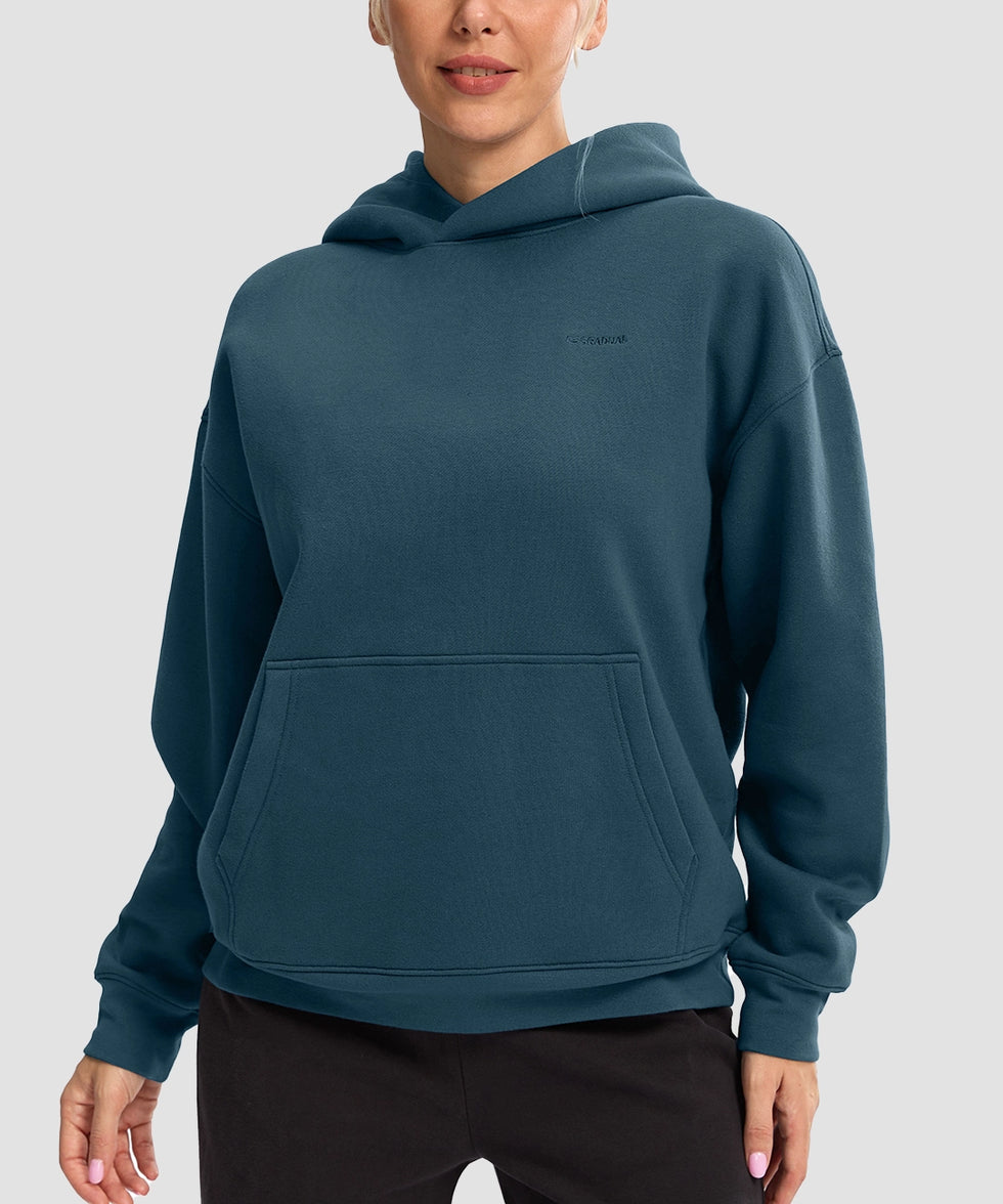 women's solid color oversized fleece hoodie in dark blue - front view