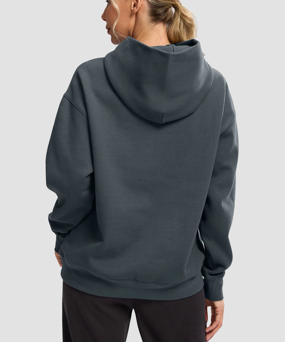 women's solid color oversized fleece hoodie in dark gray - back view