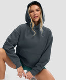 women's solid color oversized fleece hoodie in dark gray - collar detail view