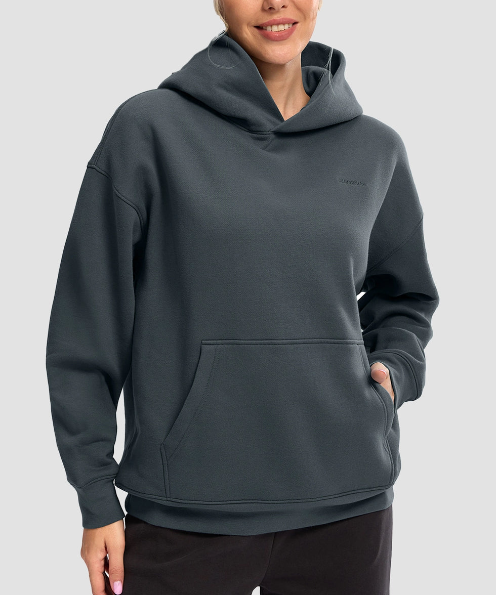 women's solid color oversized fleece hoodie in dark gray - front view