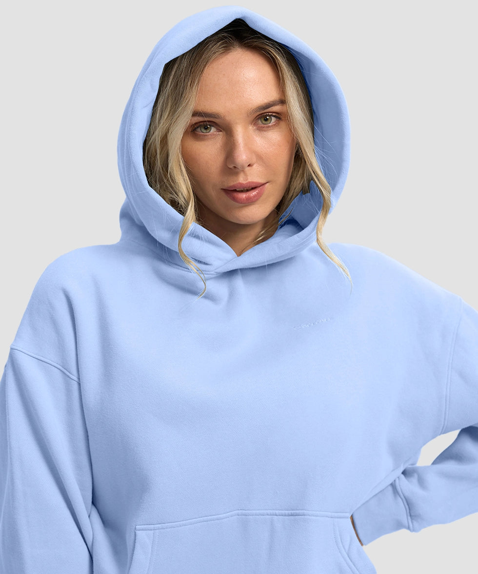 women's solid color oversized fleece hoodie in light blue - collar detail view