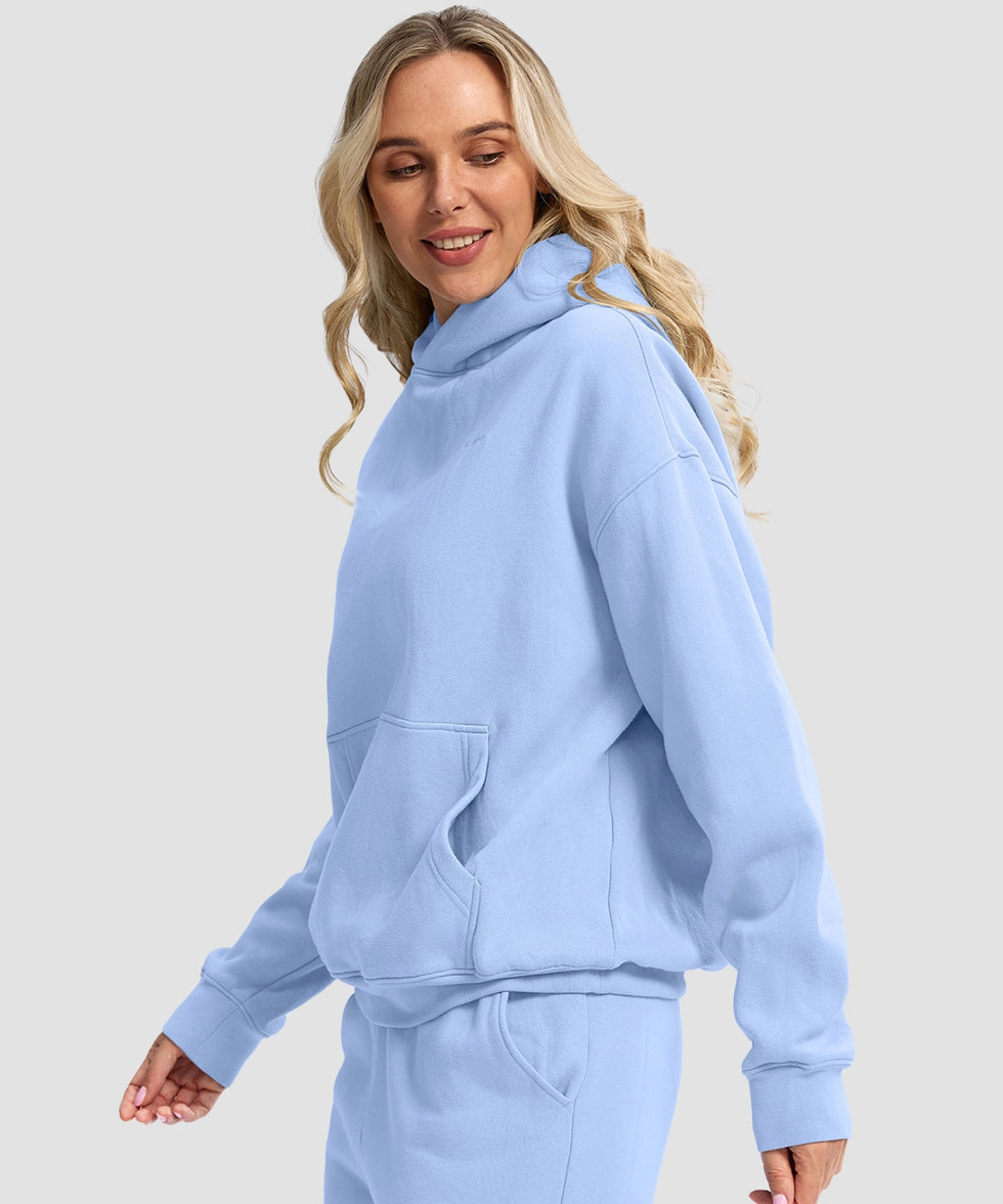 women's solid color oversized fleece hoodie in light blue - side view
