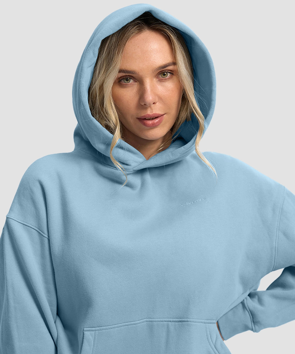 women's solid color oversized fleece hoodie in slate blue - collar detail view