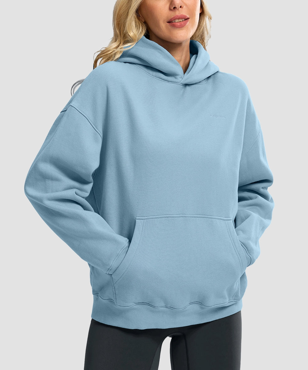 women's solid color oversized fleece hoodie in slate blue - front view