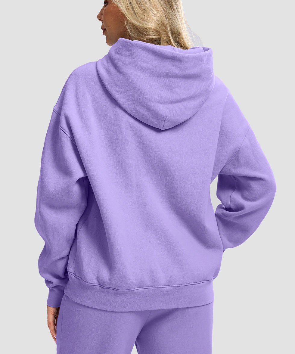 women's solid color oversized fleece hoodie in violet - back view