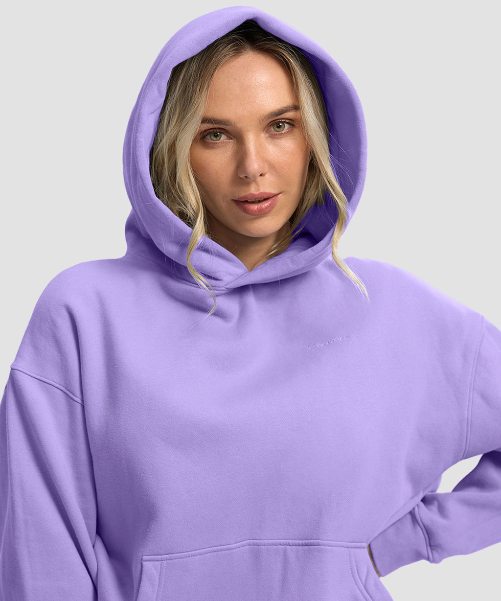 women's solid color oversized fleece hoodie in violet - collar detail view