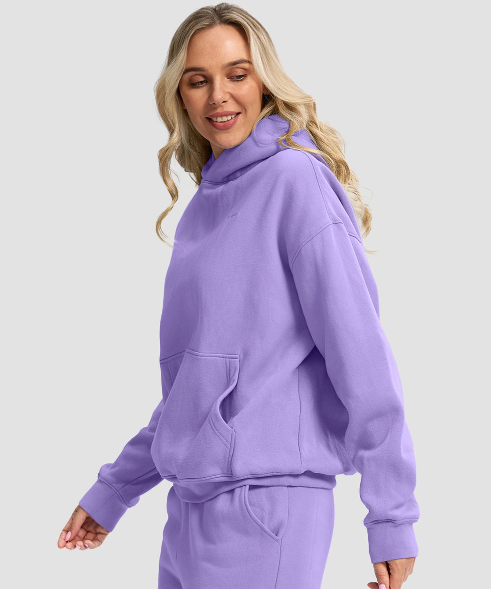 women's solid color oversized fleece hoodie in violet - side view
