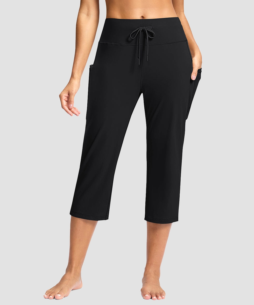 women's straight leg yoga capri pants in black - front view