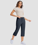 women's straight leg yoga capri pants in dusty blue - front view