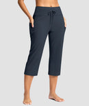 women's straight leg yoga capri pants in dusty blue - side view