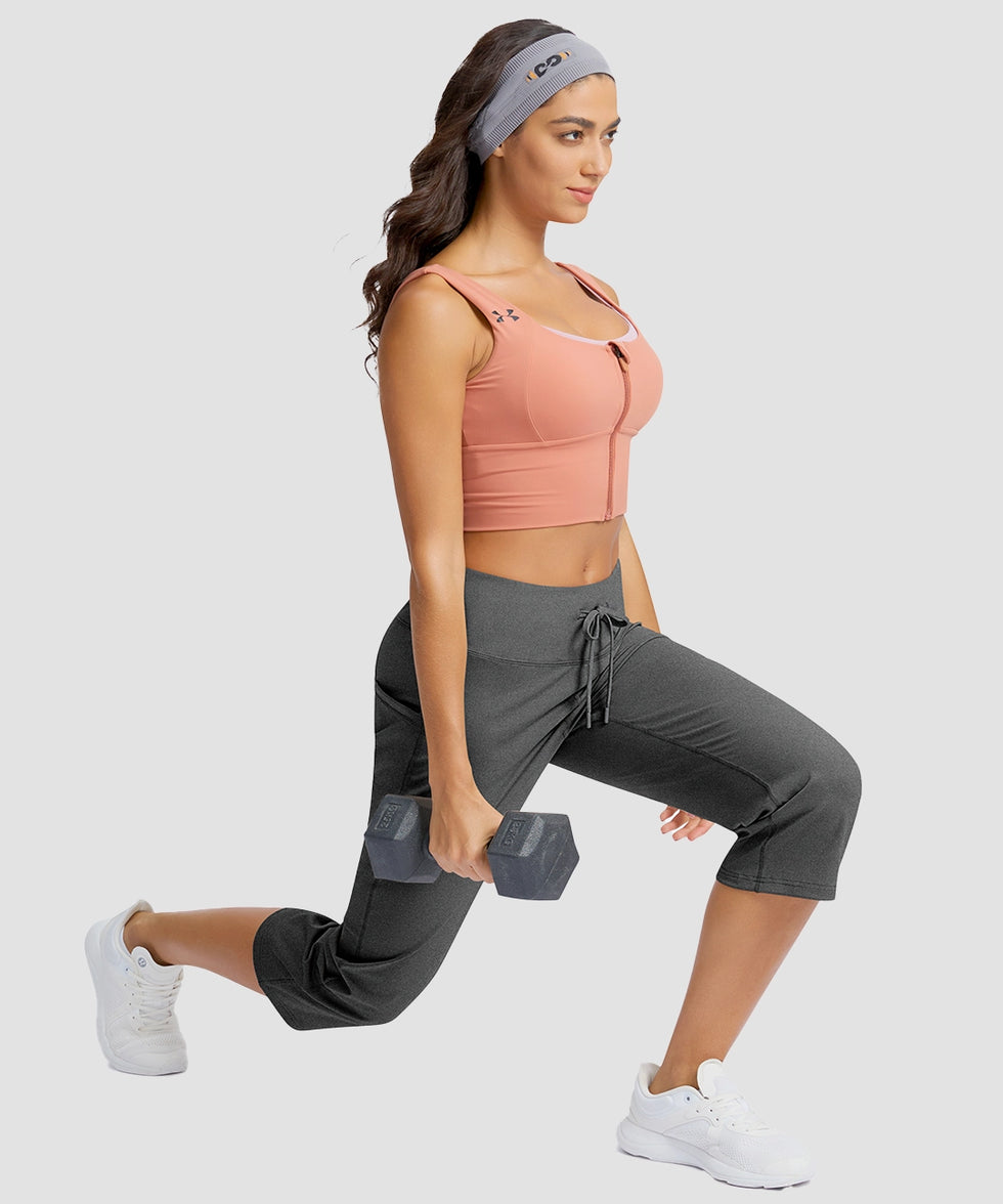 women's straight leg yoga capri pants in heather charcoal - side view