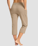 women's straight leg yoga capri pants in light khaki - back view