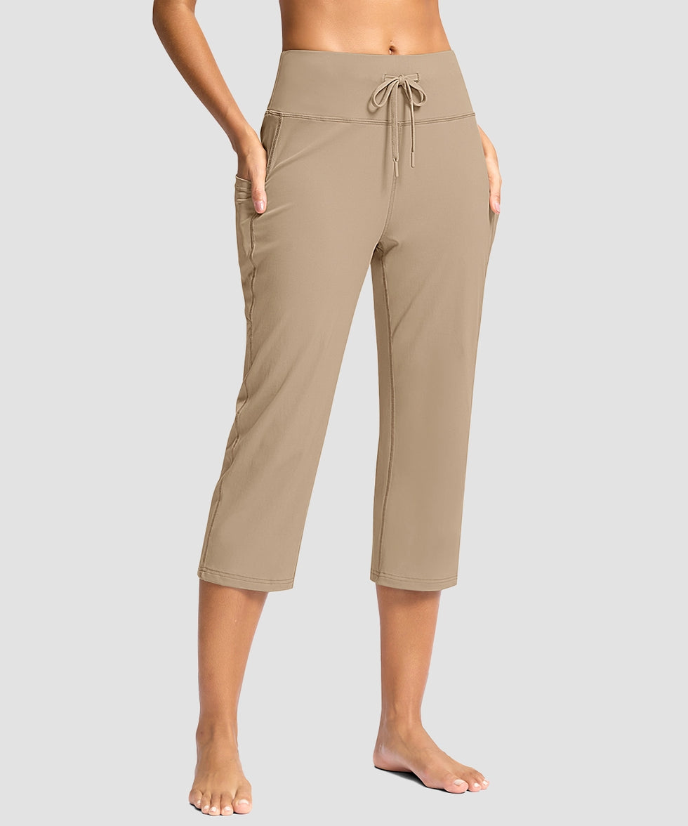 women's straight leg yoga capri pants in light khaki - front view