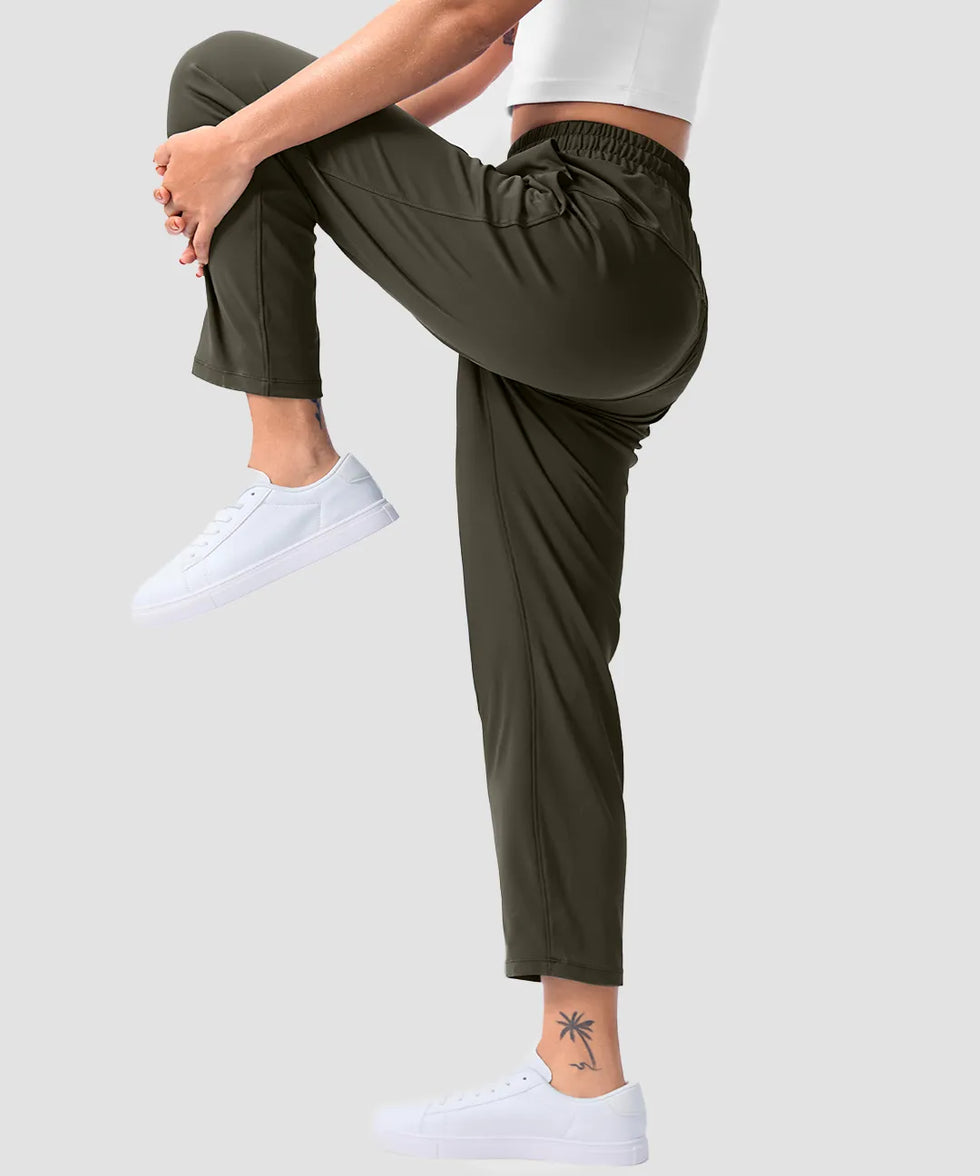 women's stretchy golf pants ankle-length in army green - side view