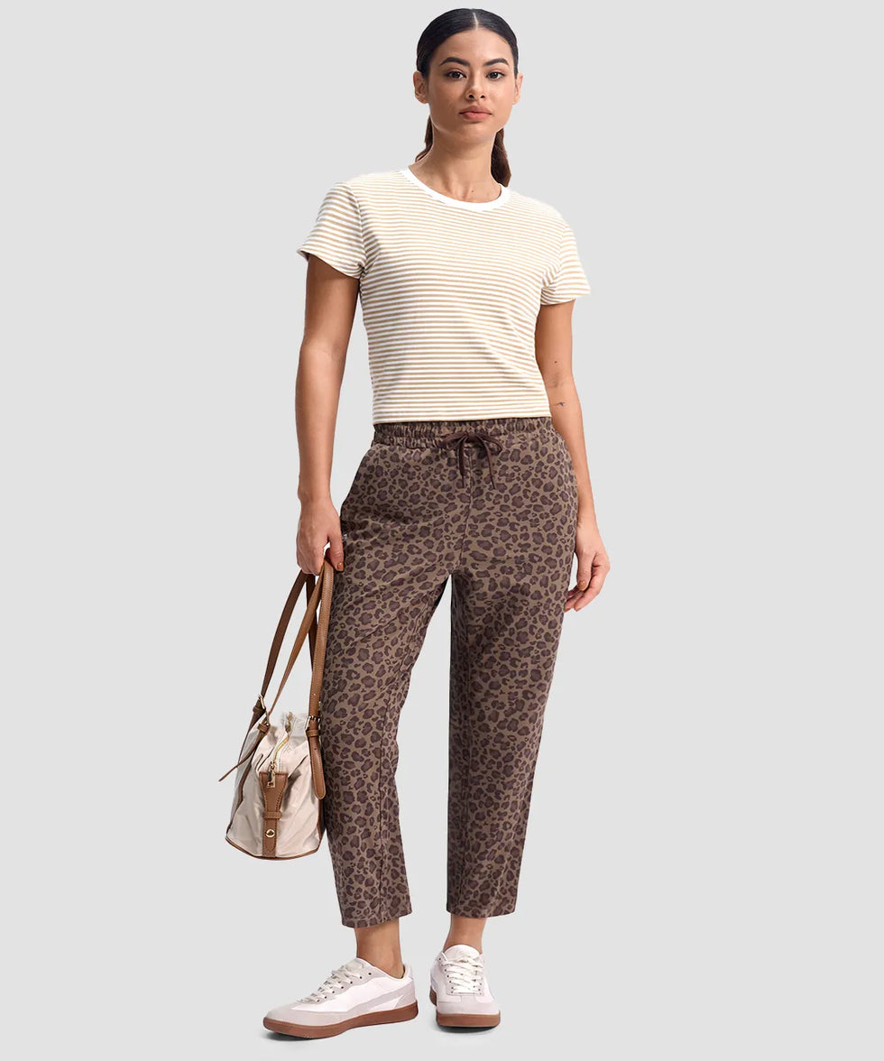 women's stretchy golf pants ankle-length in brown leopard - matching outfits view