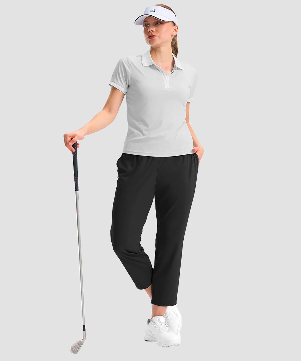 women's stretchy waist with pocket ankle pants in black - front view