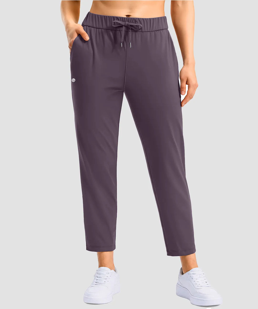women's stretchy waist with pocket ankle pants in dusty purple - pocket detail view