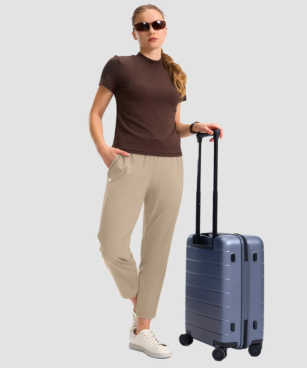 women's stretchy waist with pocket ankle pants in light khaki - front view