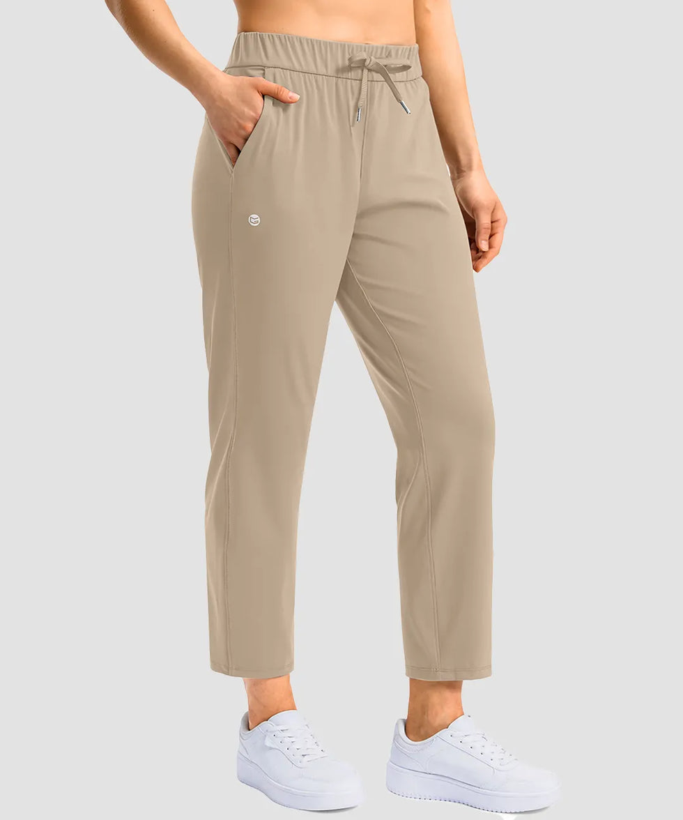 women's stretchy waist with pocket ankle pants in light khaki - pocket detail view