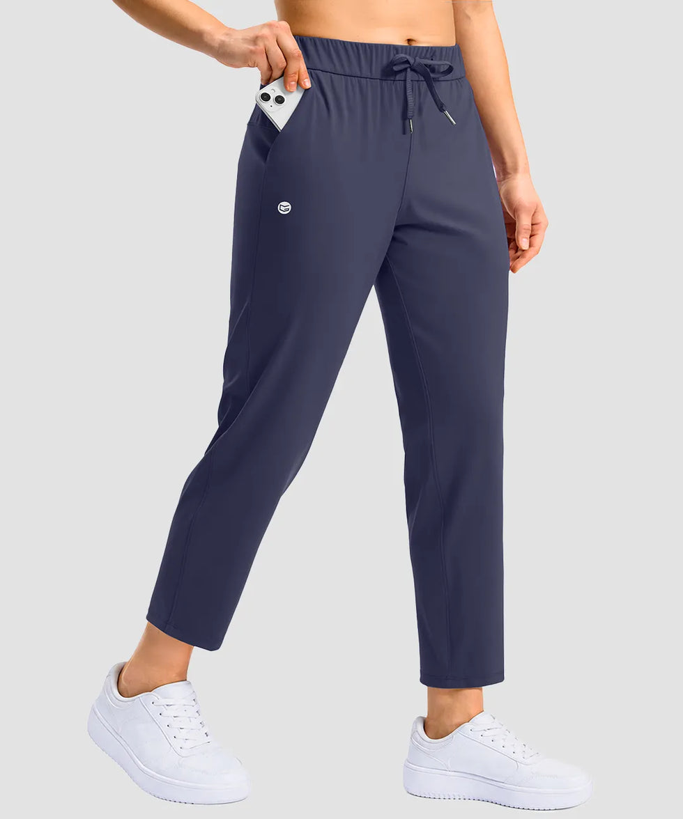 women's stretchy waist with pocket ankle pants in navy - pocket detail view