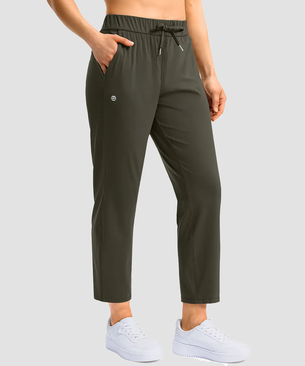 women's stretchy waist with pocket ankle pants in olive green - pocket detail view