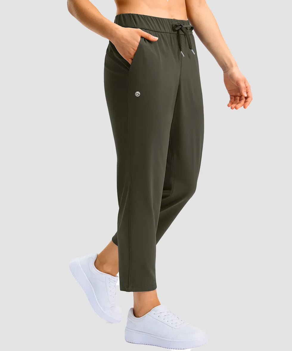 women's stretchy waist with pocket ankle pants in olive green - side view