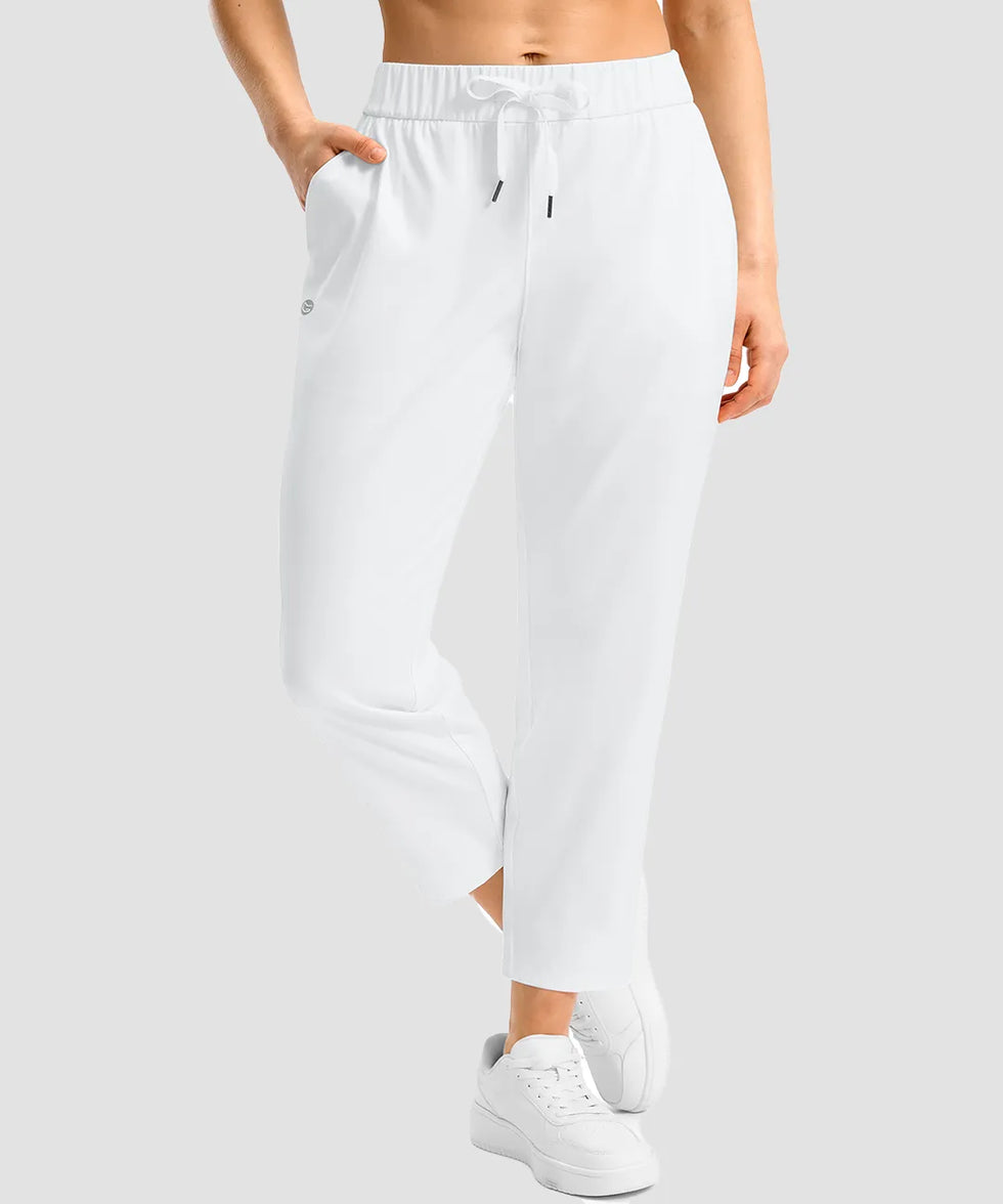 women's stretchy waist with pocket ankle pants in white - pocket detail view