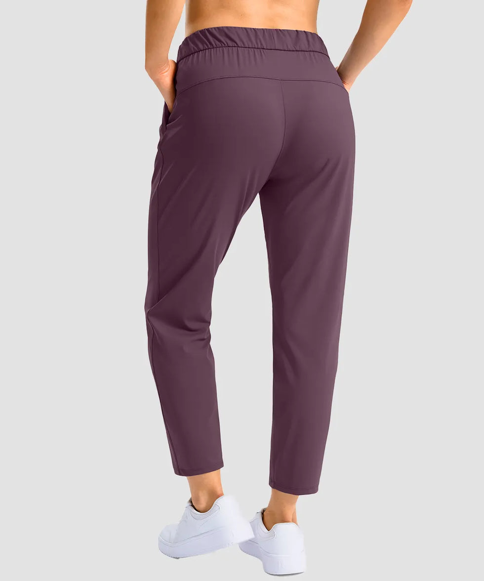 women's stretchy waist with pocket ankle pants in wine - back view