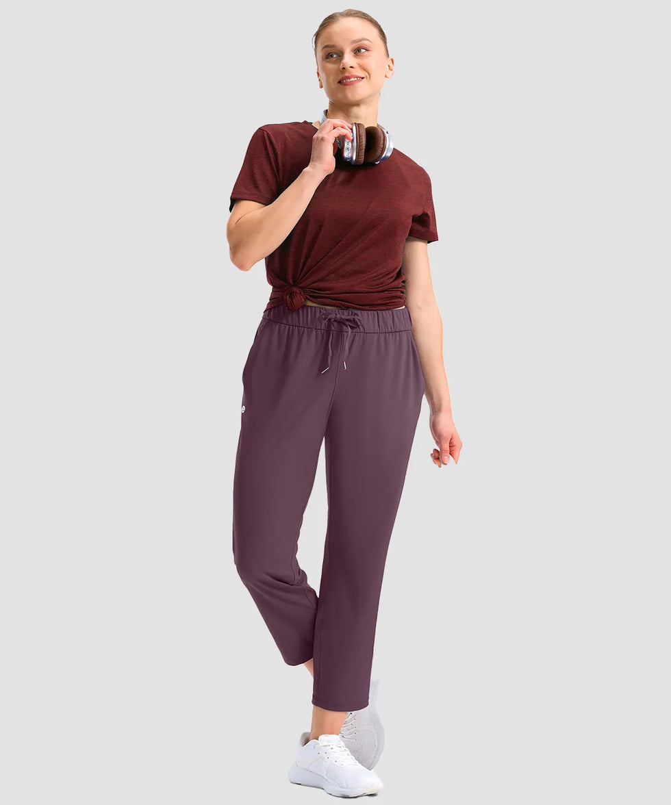 women's stretchy waist with pocket ankle pants in wine - front view