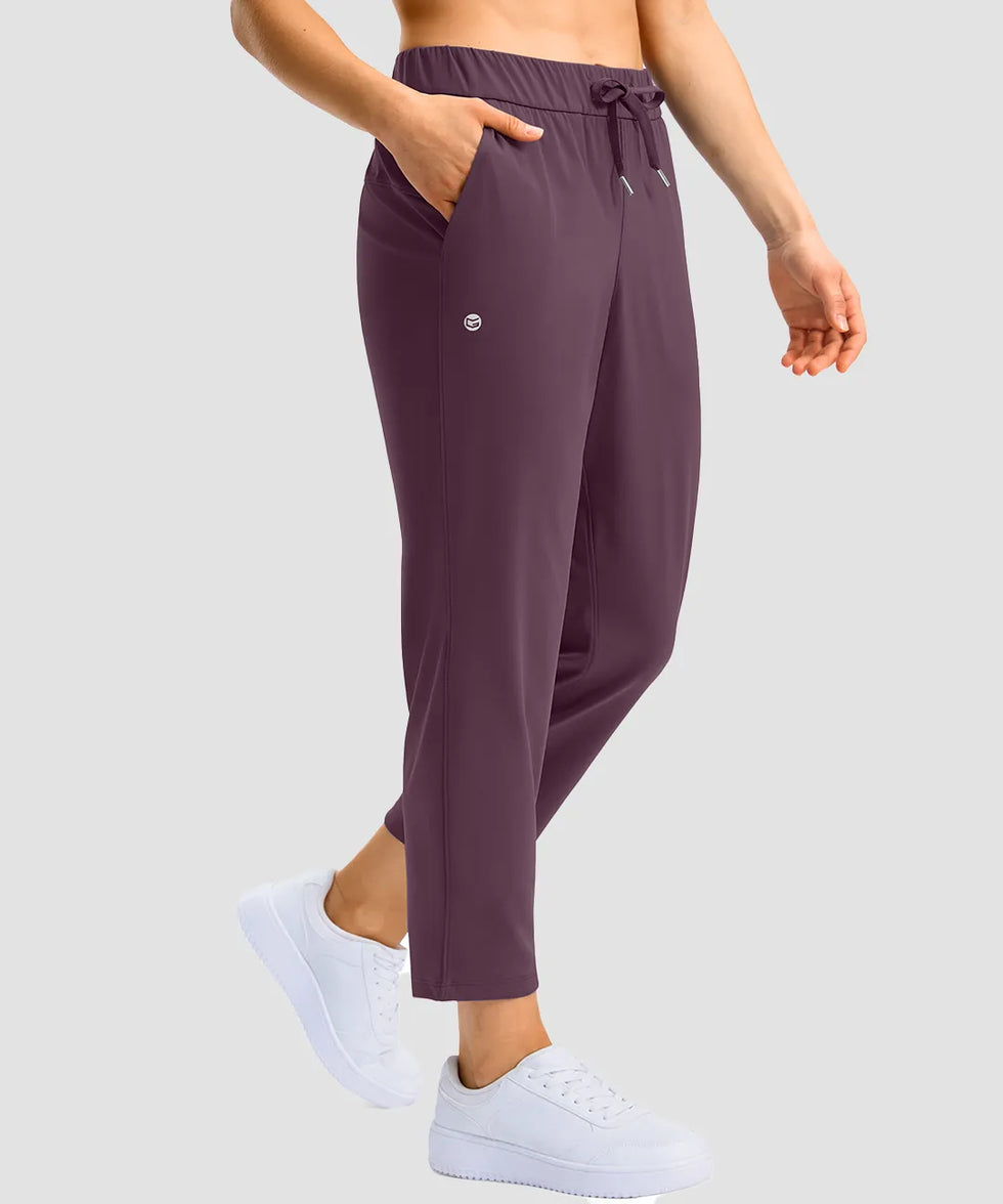 women's stretchy waist with pocket ankle pants in wine - side view