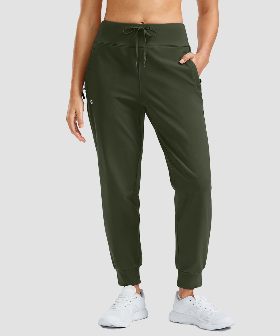 women's thermal with 3 zip pockets joggers in olive green - front view