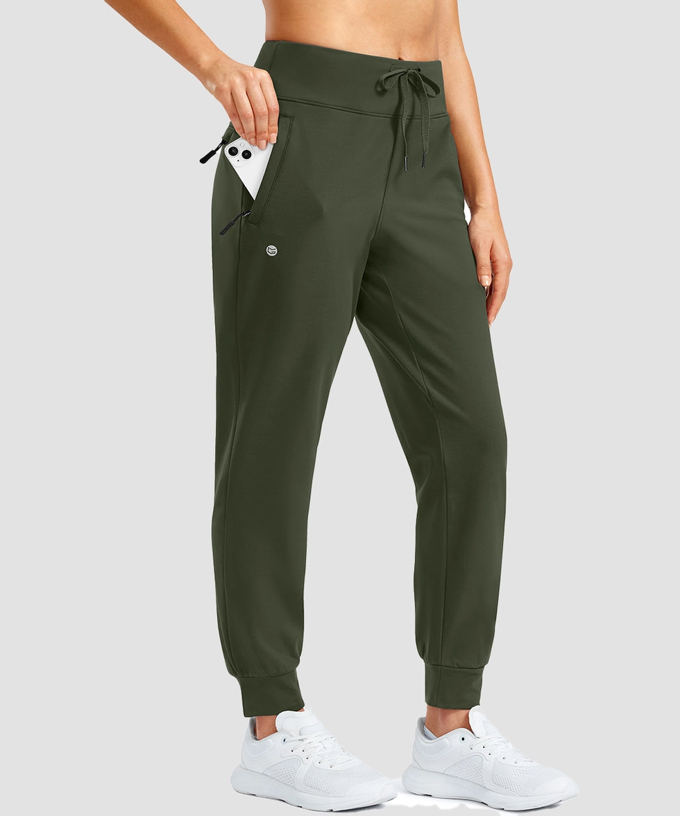 women's thermal with 3 zip pockets joggers in olive green - pocket details view